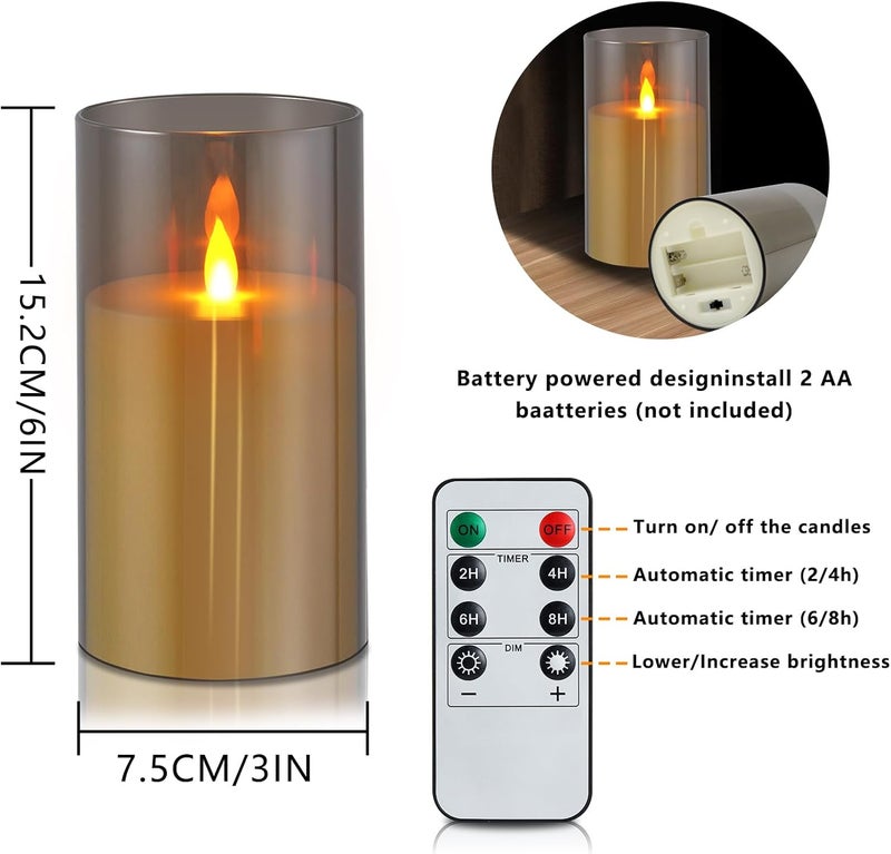 wemarry Flameless Candles 4" 5" 6" Set of 2 Acrylic Glass Pillars 3" Diameter Battery Operated Flickering Candles Include 8-Key Remote with Timer Function 400+ Hours (Gray, 2 Pack) - Image 3